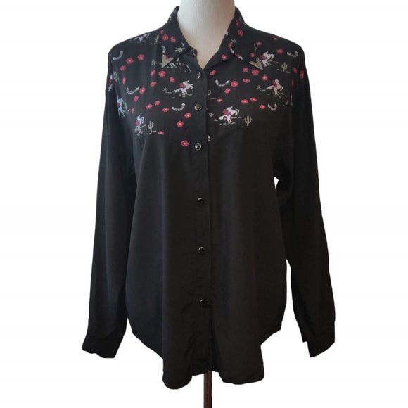 Desert West Womens Black Western Rodeo Horse Cacti Floral L/S Button Up Top S - Picture 1 of 11
